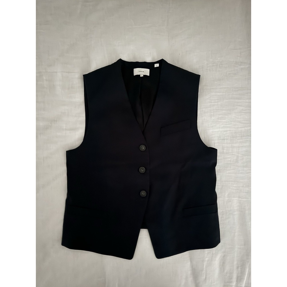 Vince Womens Size 12 Navy Blue Linen Blend Tailored Button Vest